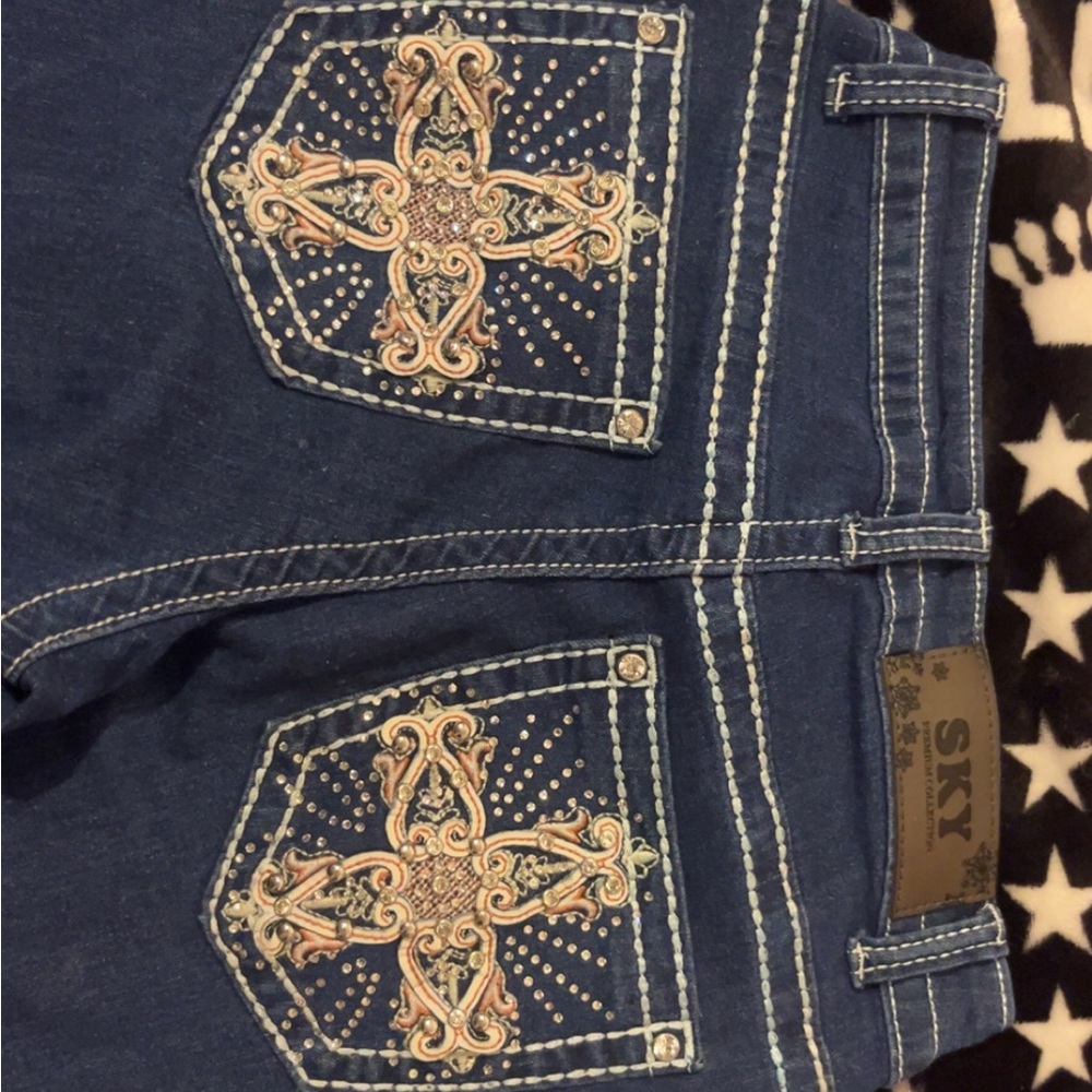 Sky Dark Blue Skinny Jeans with Embroidered Cross Pockets